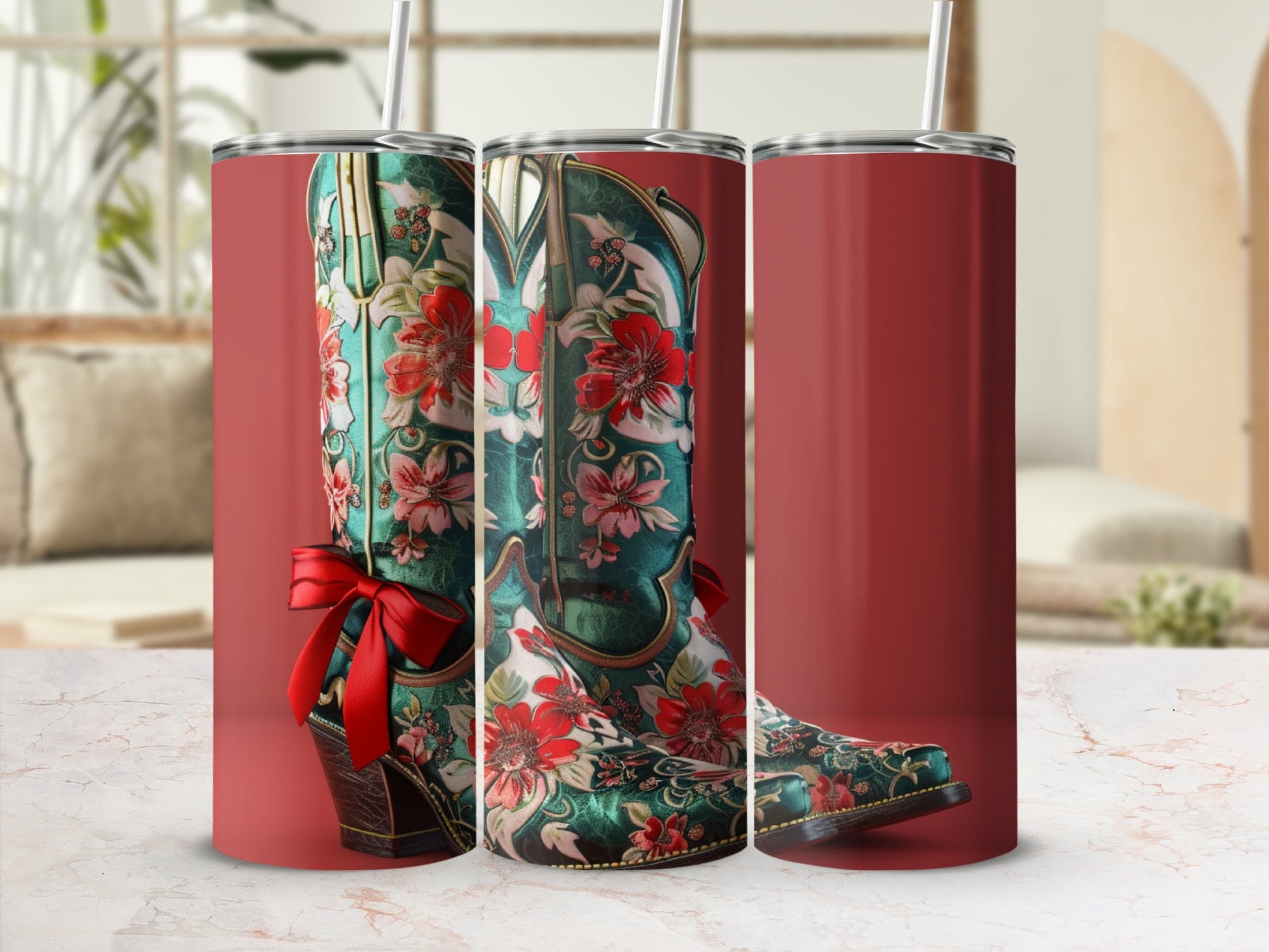 Triptych of a teal cowboy boot with red floral pattern and red bow.