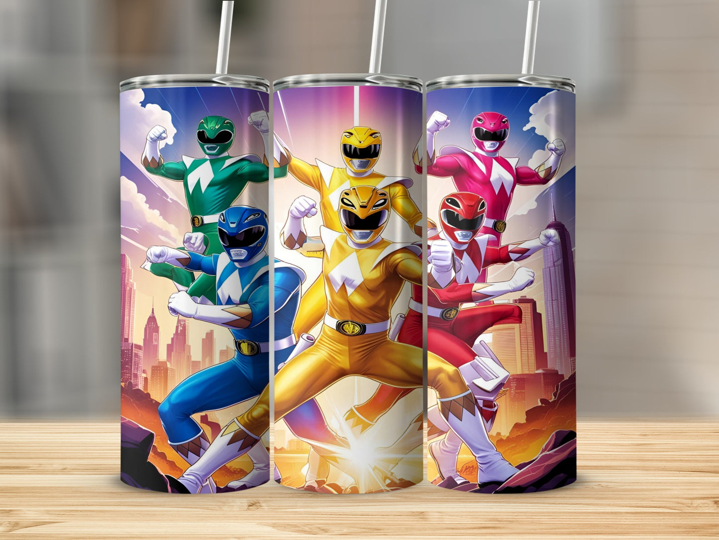 Five Power Rangers in their colored suits stand against a city skyline.