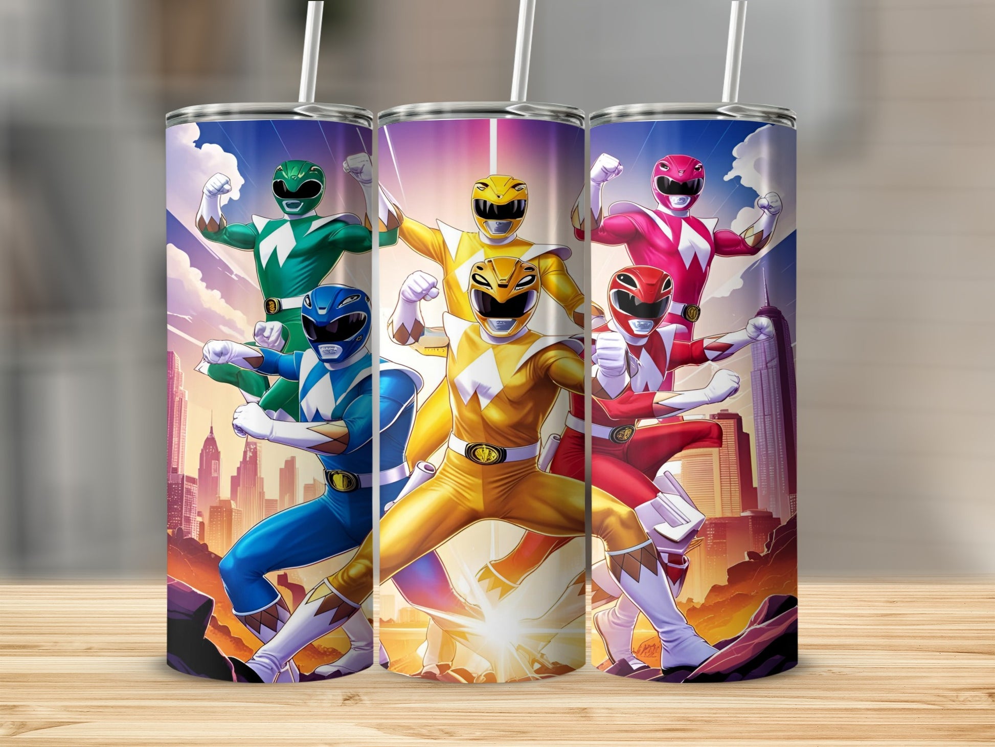 Five Power Rangers in their colored suits stand against a city skyline.