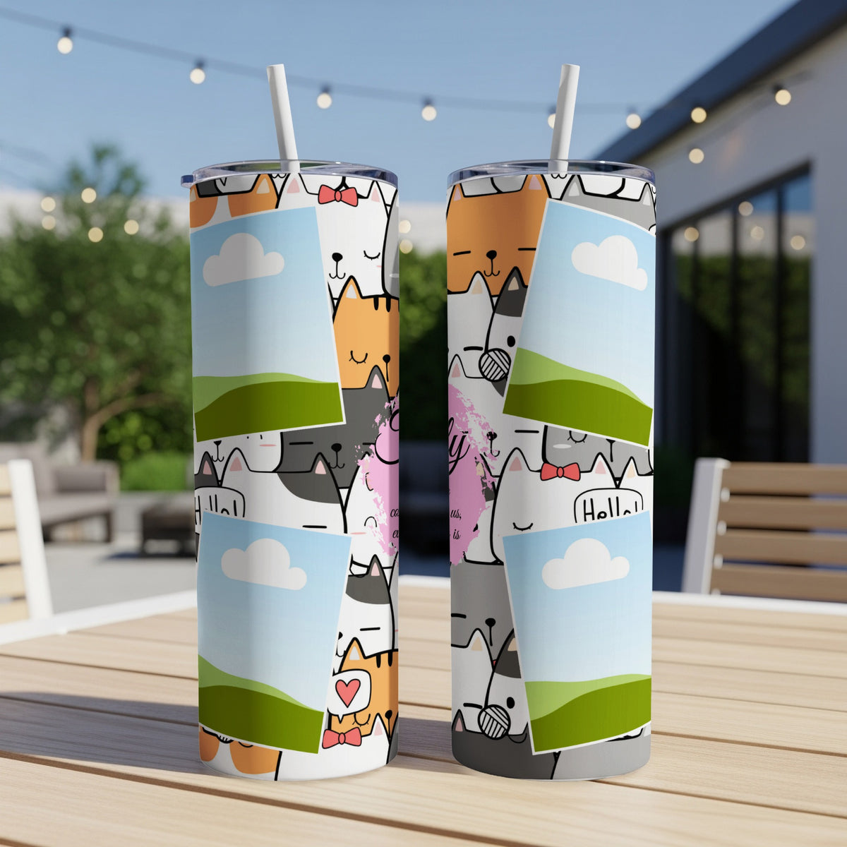 Two tumblers with cartoon cat faces and picture frame designs.