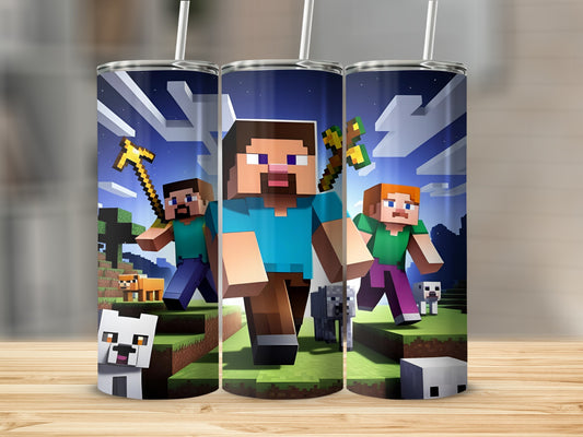 Minecraft characters Steve and Alex with mobs on grassy landscape.