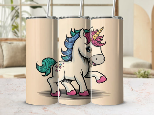 Three tumblers featuring a cartoon unicorn with pink hooves and a rainbow mane.
