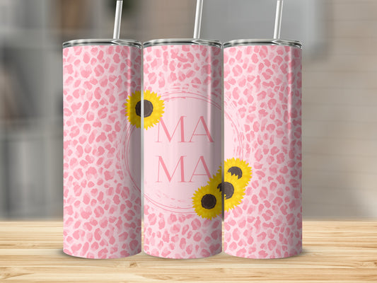 Pink leopard print tumbler with sunflowers and "Mama" text.
