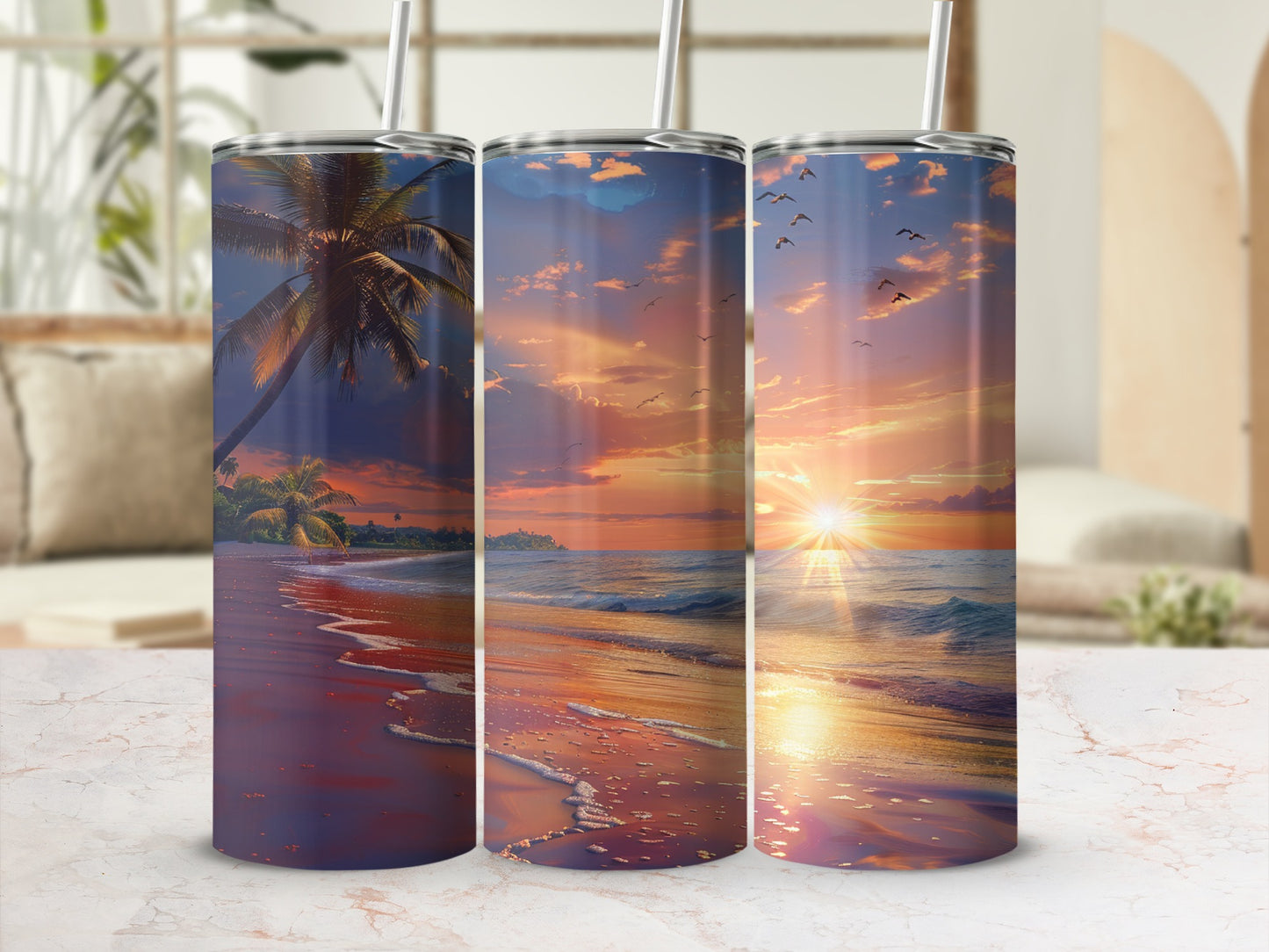 Beach sunset with palm trees on a patterned tumbler.