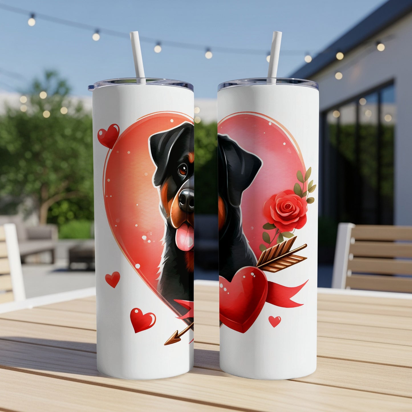 Rottweiler dog with hearts and roses on a Valentine's themed tumbler.