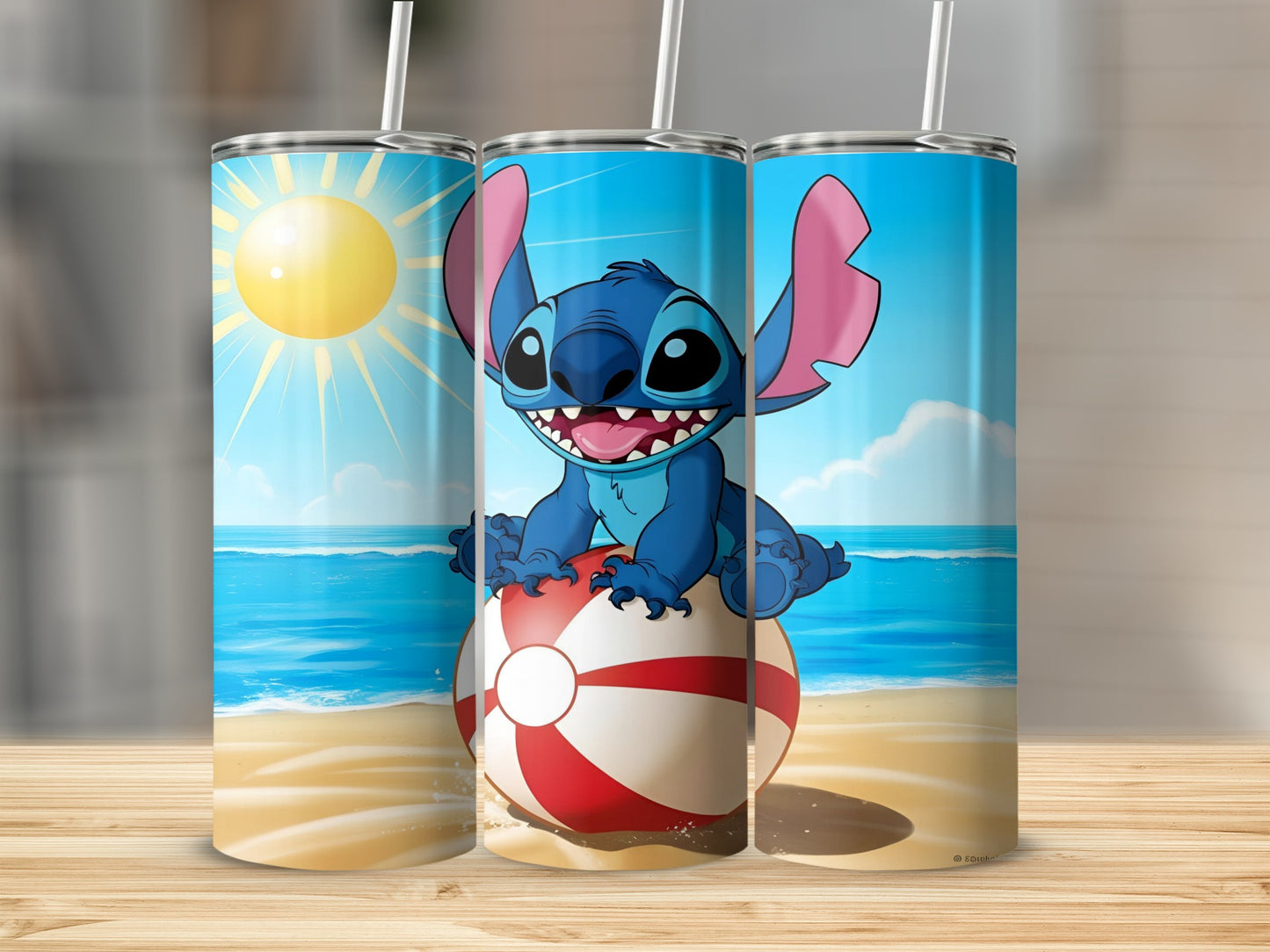 Stitch sitting on a beach ball with the ocean and sun in the background.