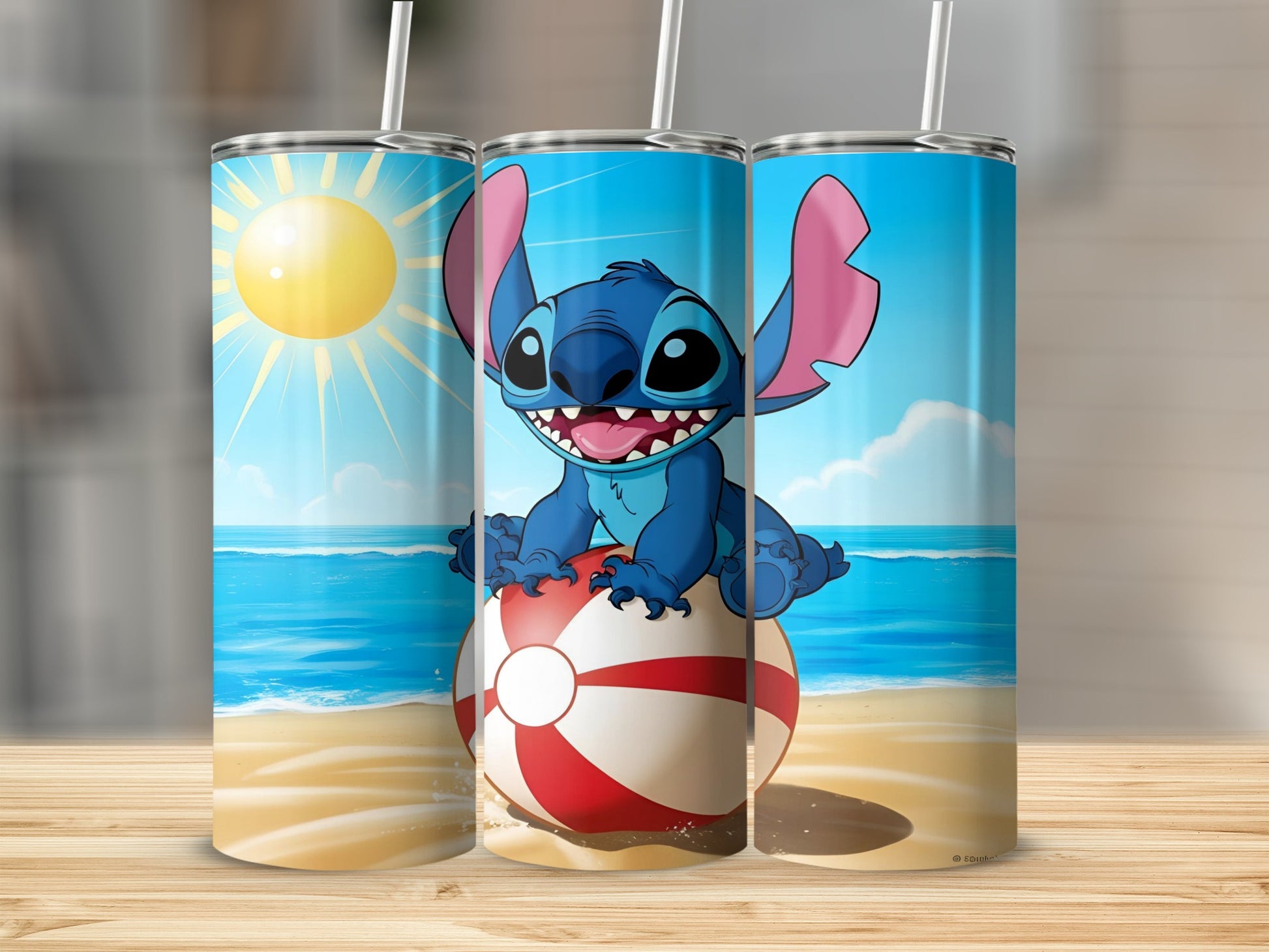 Stitch sitting on a beach ball with the ocean and sun in the background.