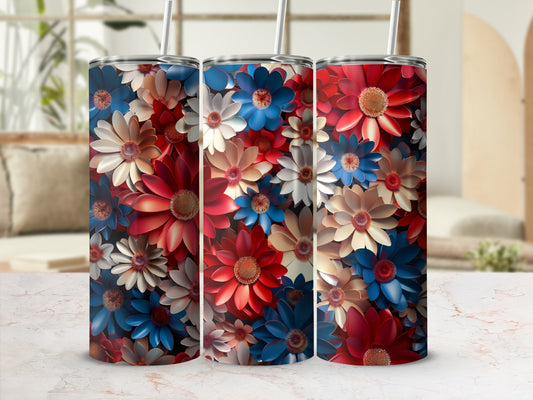 Three tumblers with red, white, and blue floral patterns.
