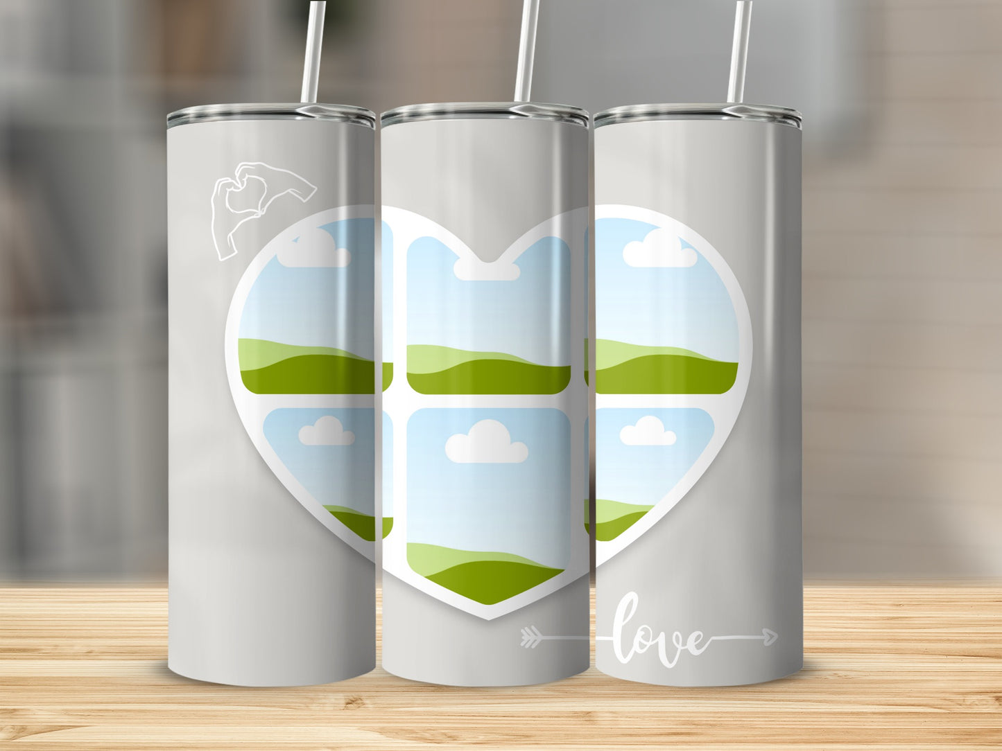 Gray tumblers with heart frame of landscapes and "love" text.
