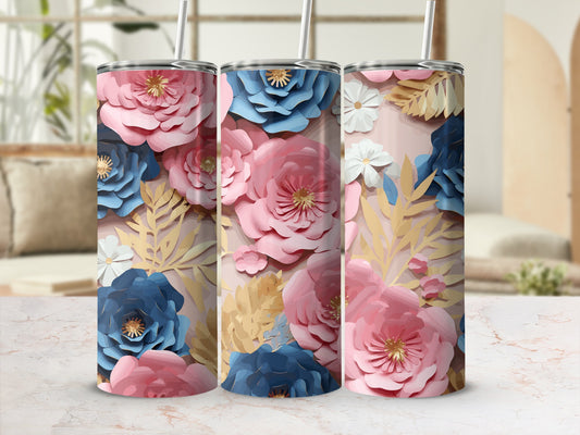 Three floral tumblers with blue and pink flowers and gold leaves.