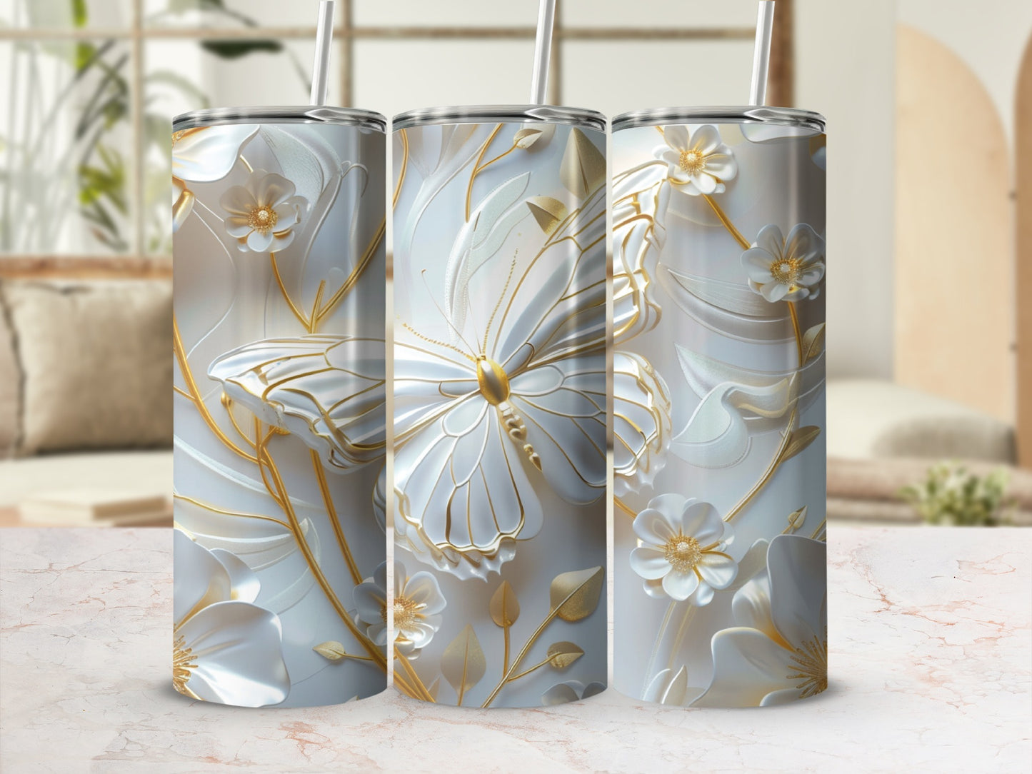 Three white tumblers with embossed butterflies and floral designs.