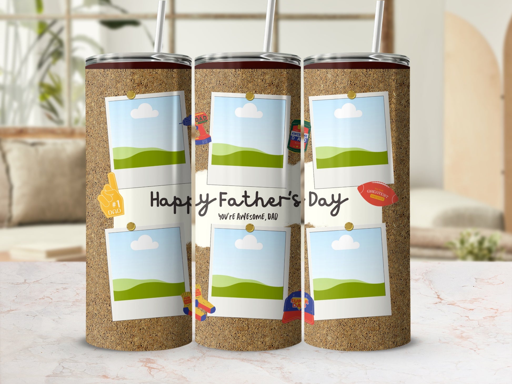 Three tumblers with a cork texture and Father's Day decorations.