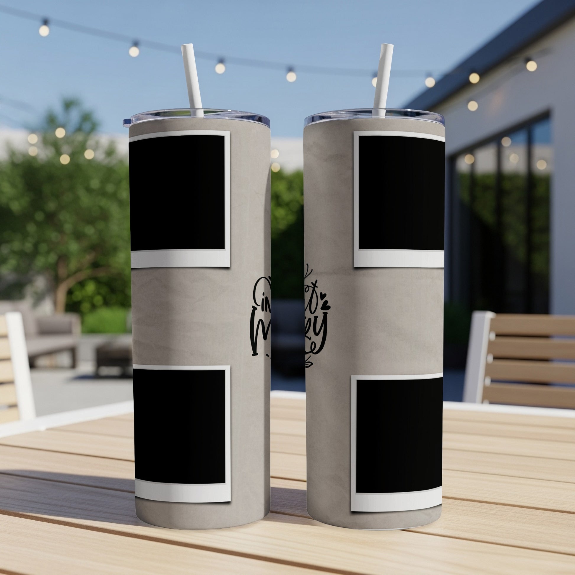 Two tumblers with black photo placeholders and "Girly" text on a textured surface.