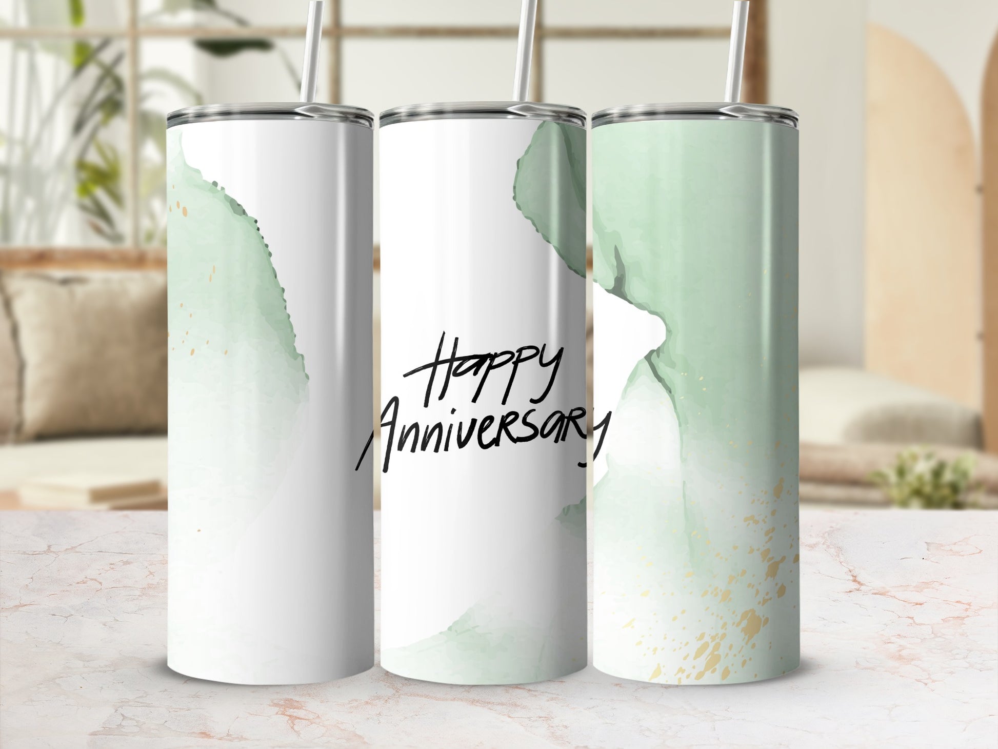 Tall tumbler with green watercolor art and "Happy Anniversary" text.