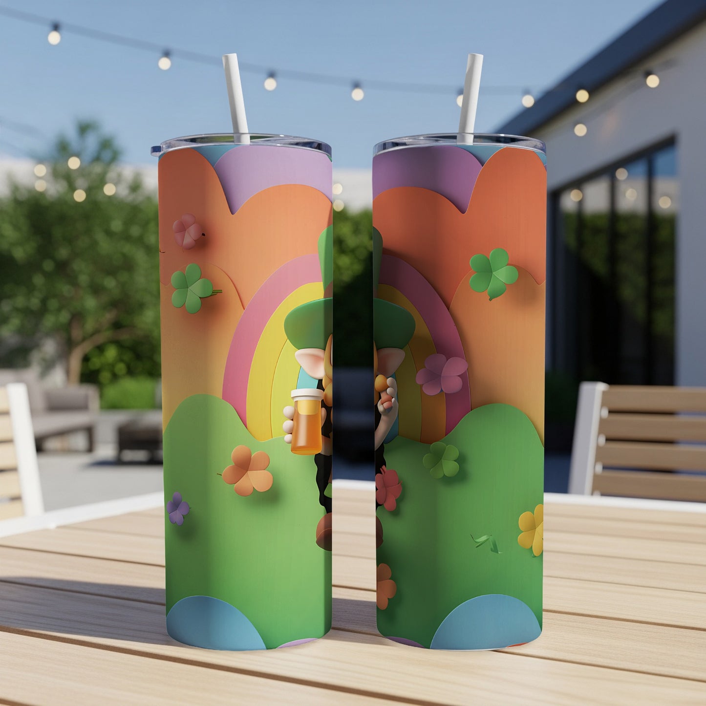 Leprechaun with pot of gold on rainbow tumbler with floral accents.
