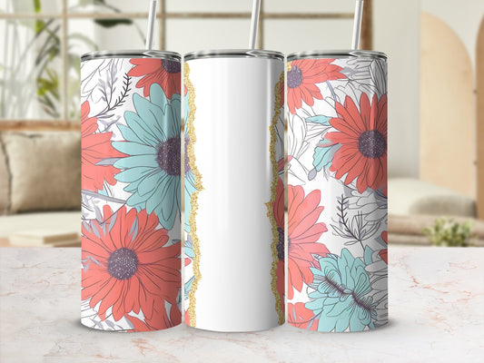 Coral and teal floral tumbler with gold glitter accent.