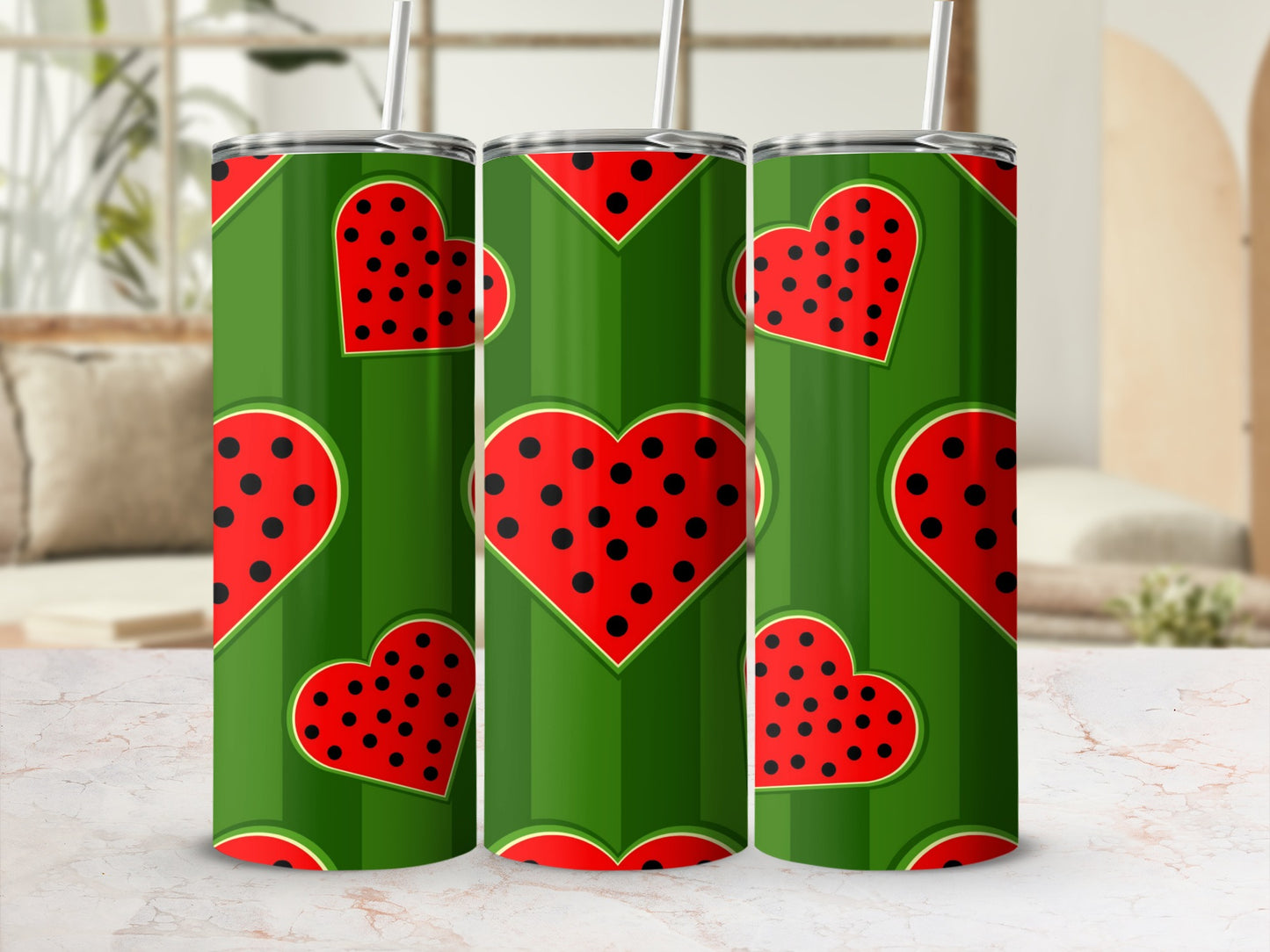 Three tumblers with a green striped and watermelon heart pattern.