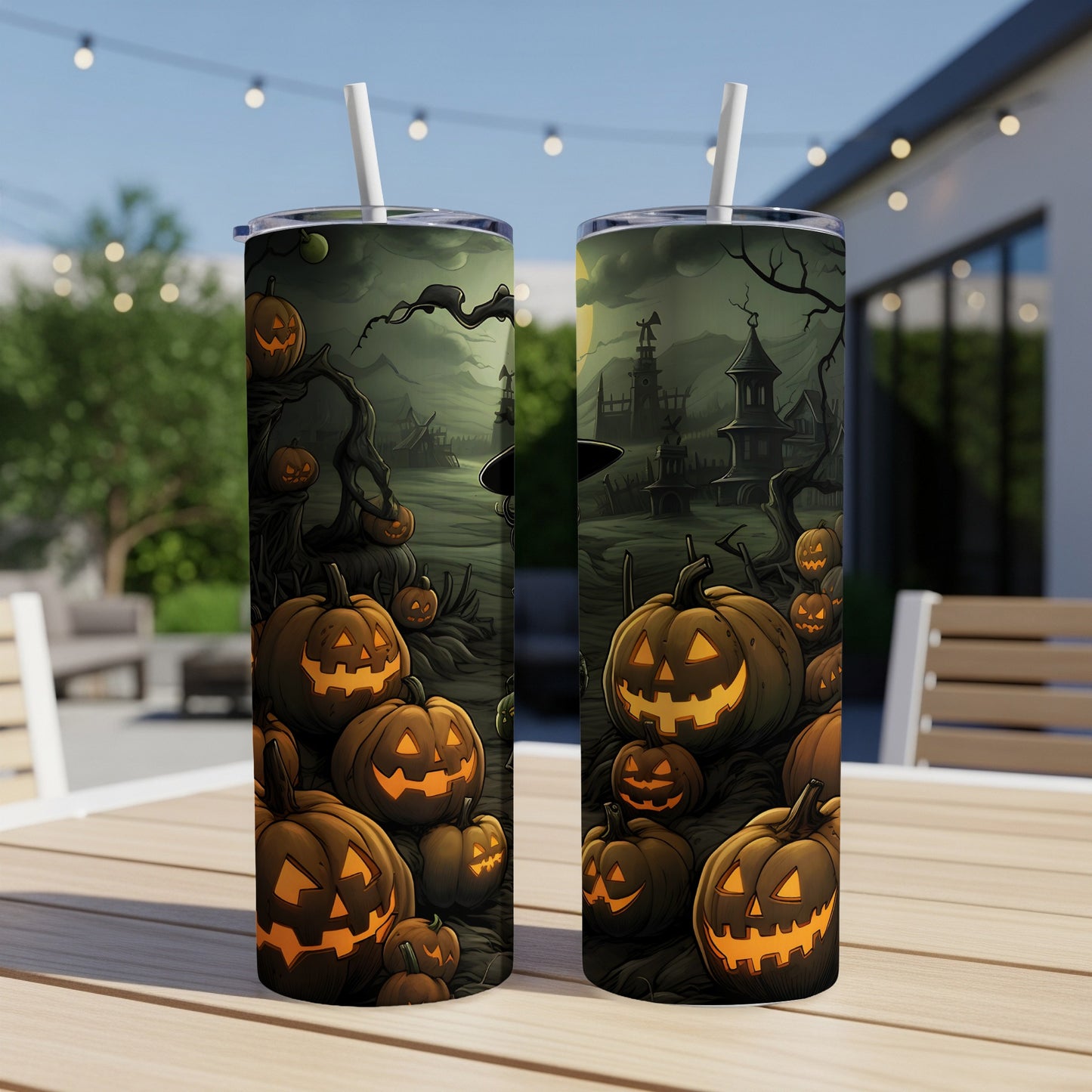 Two tumblers with a spooky Halloween scene featuring carved pumpkins and haunted houses.