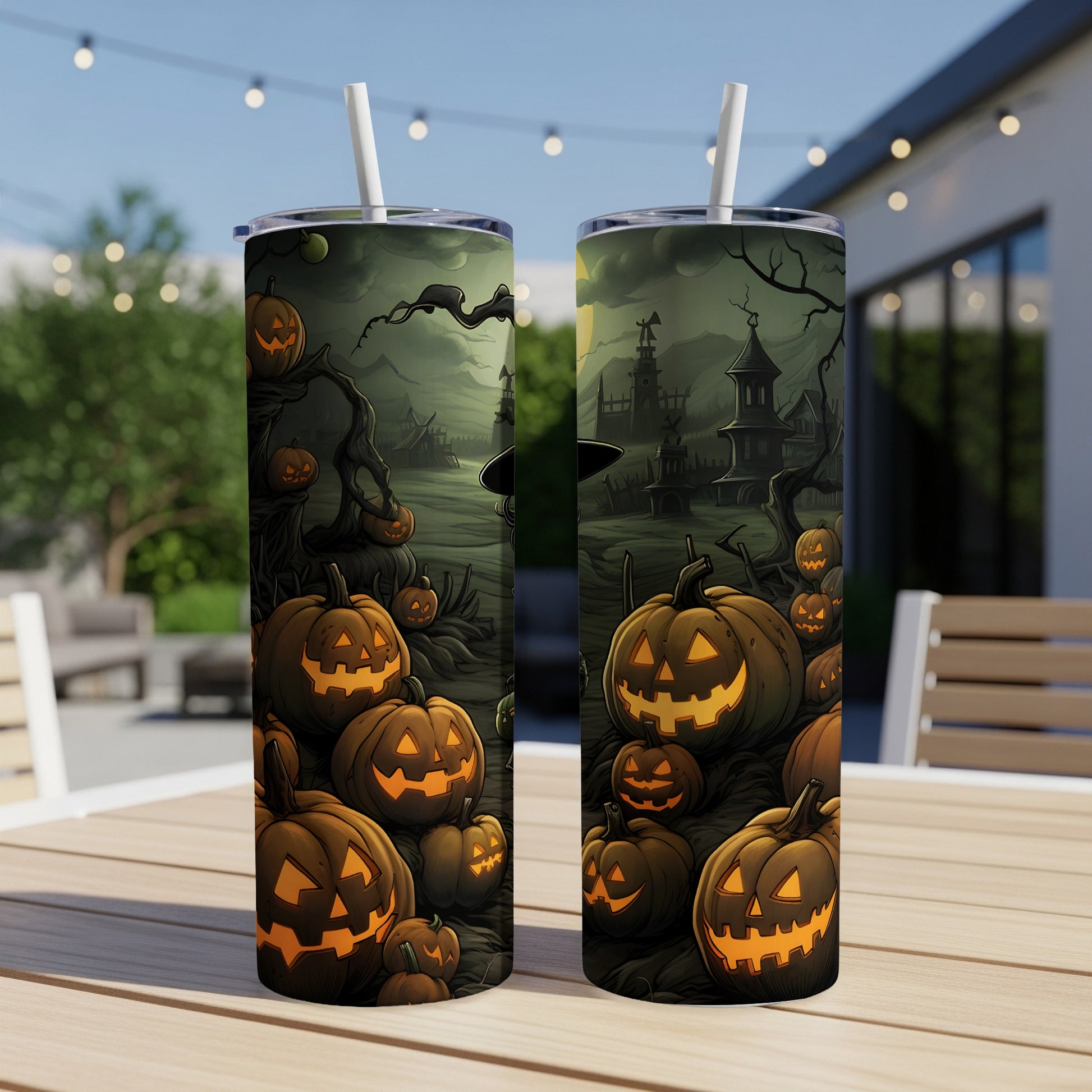 Two tumblers with a spooky Halloween scene featuring carved pumpkins and haunted houses.