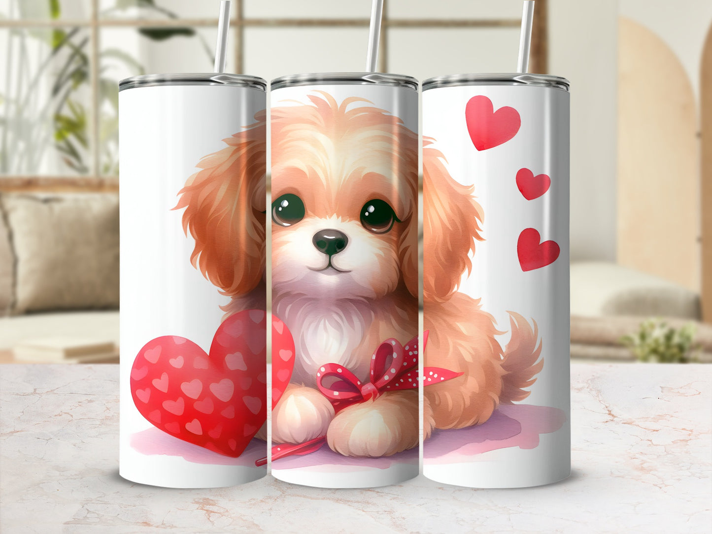 Fluffy puppy with hearts and bow on a white tumbler.