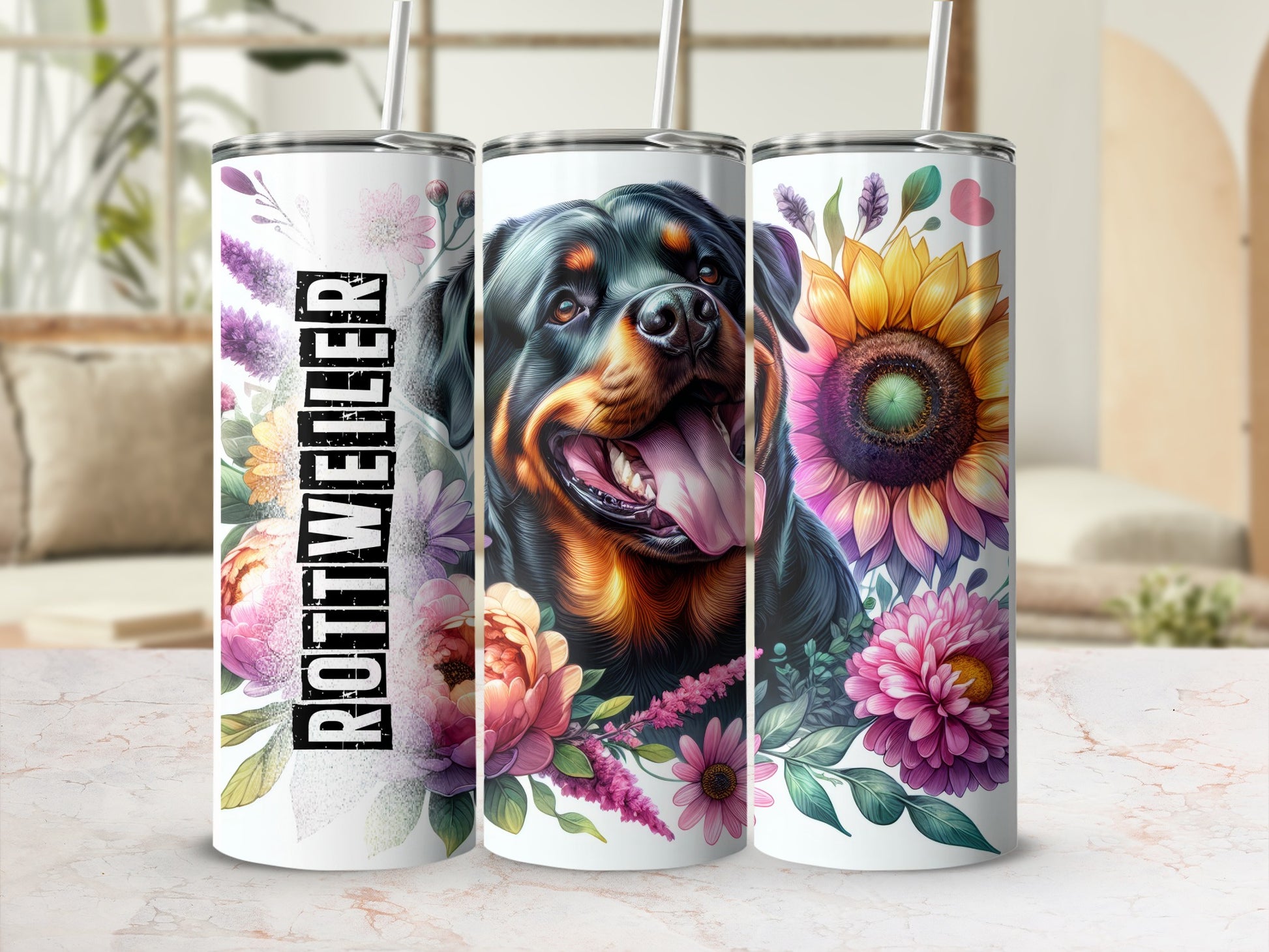 Rottweiler tumbler with floral and sunflower designs.