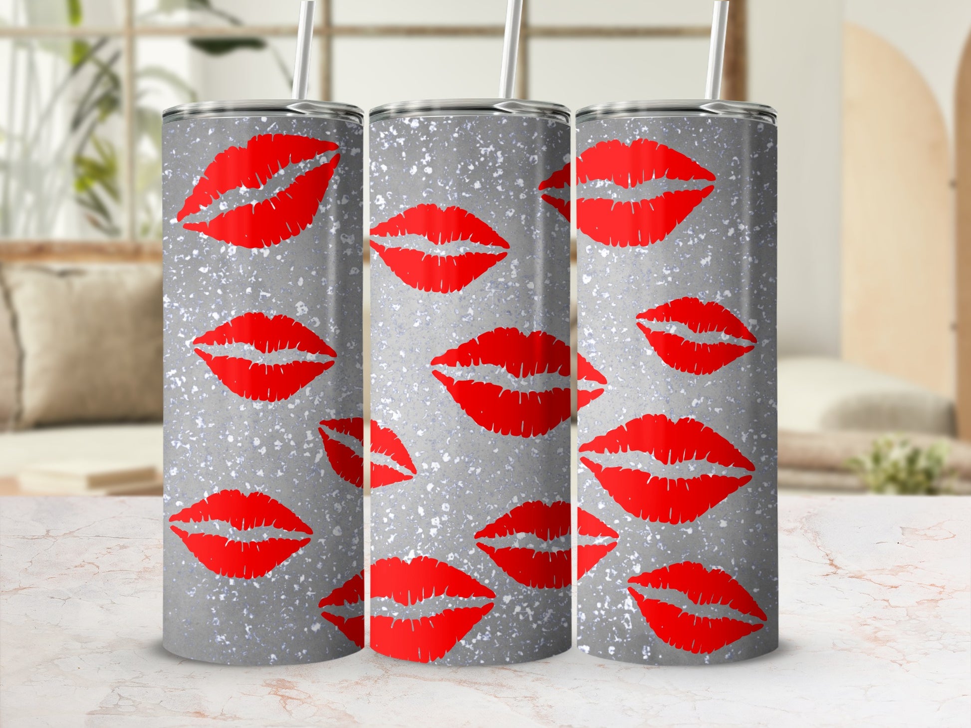 Red Lips on Sparkling Gray Background Tumbler