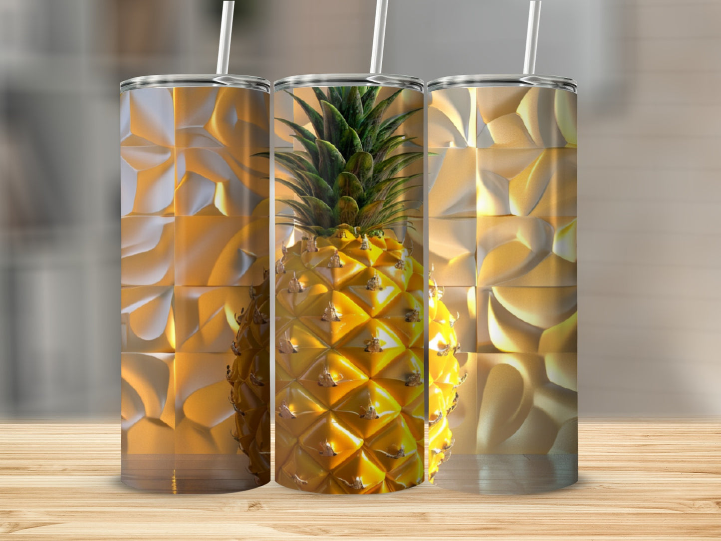 Three tumblers featuring a realistic pineapple design on a textured background.