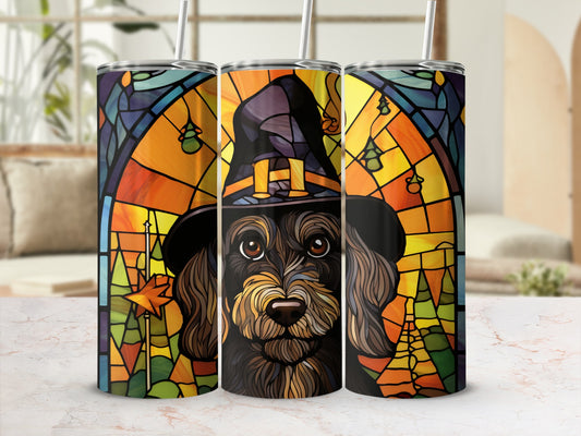 Dachshund wearing witch hat with stained glass background and star wand.
