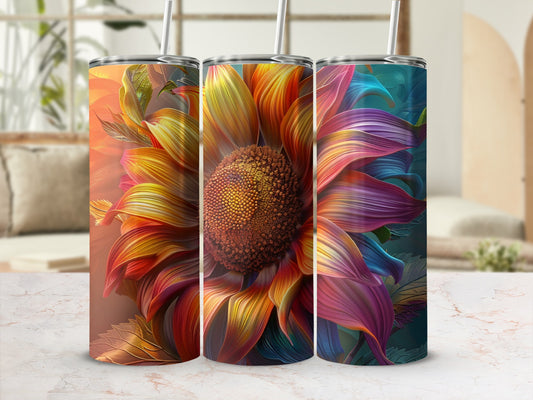 Three tumblers with vibrant, artistic sunflower designs and reusable straws.