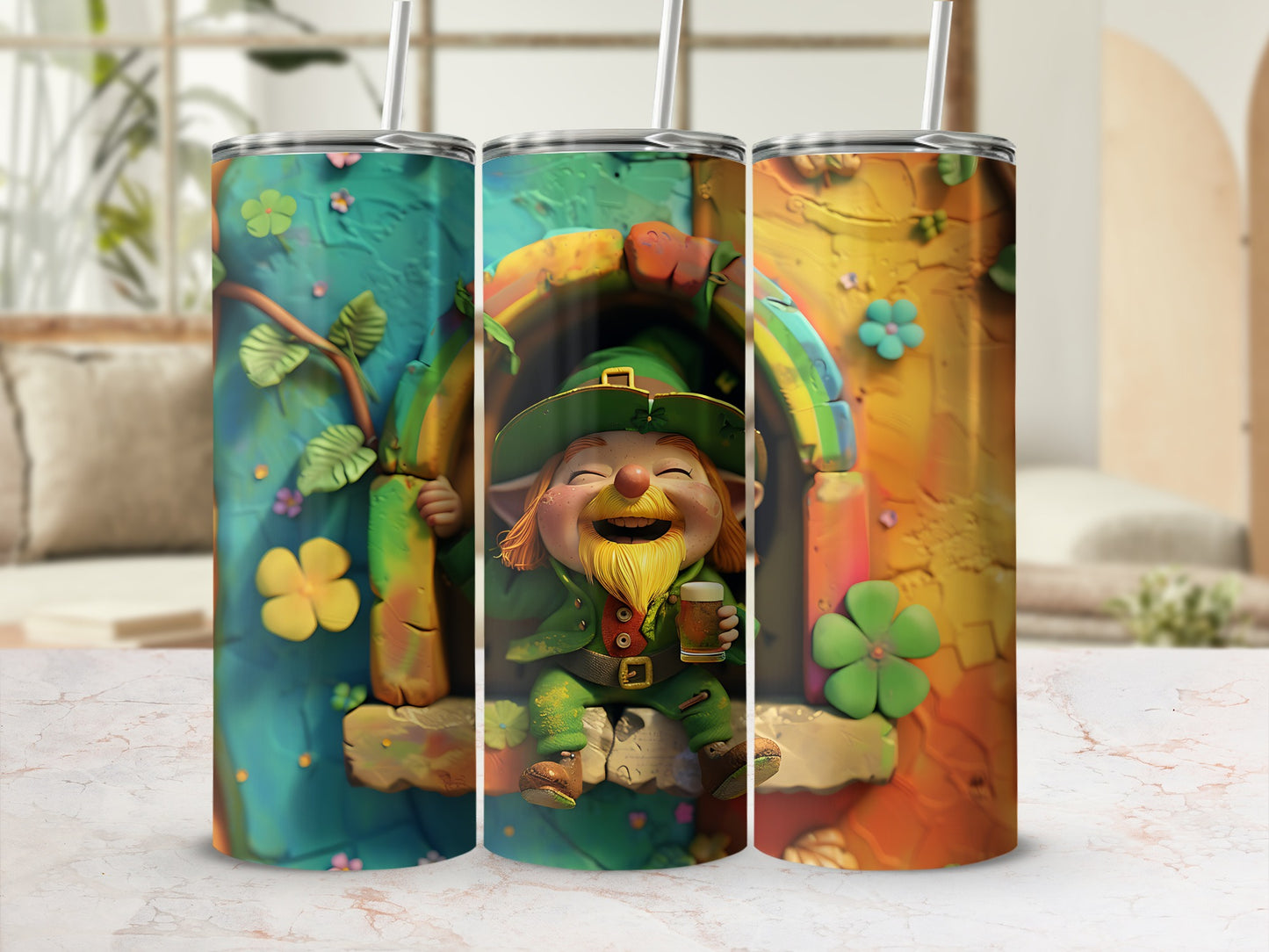 Leprechaun in a colorful archway holding a drink, with shamrocks.