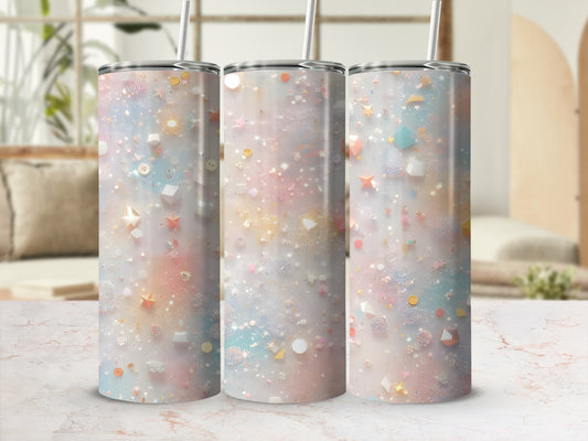 Three tumblers with a pastel glitter and geometric shape pattern.