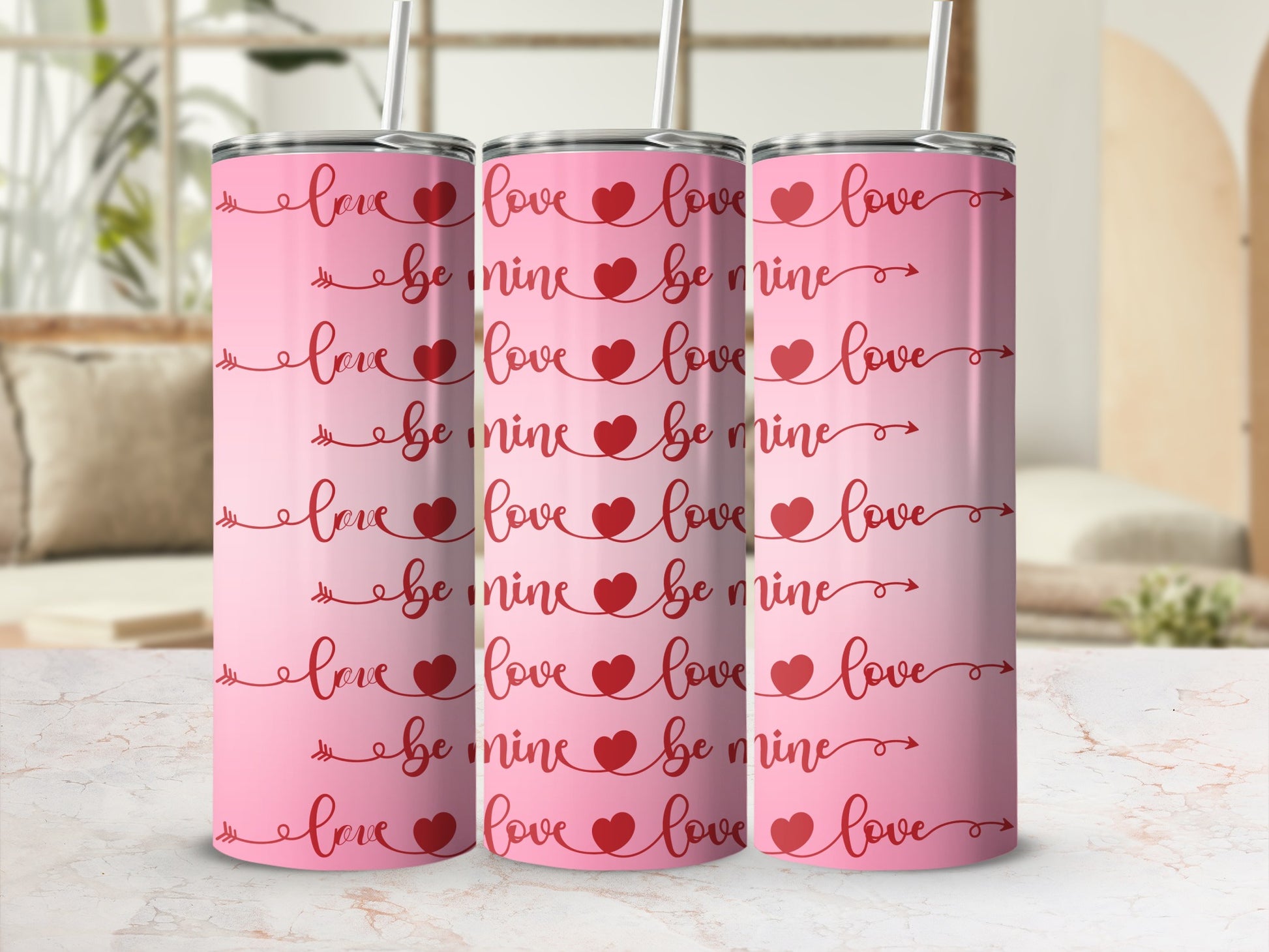 Love and Heart Design Pink Tumbler with Straw