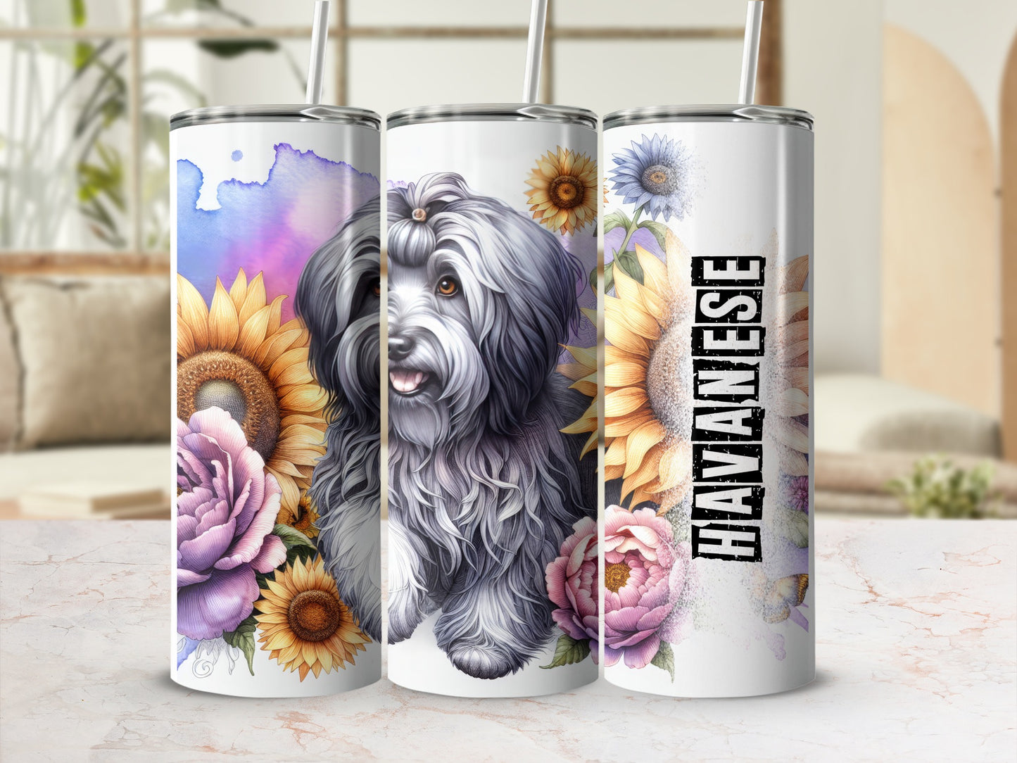 Havanese dog with sunflowers and roses on a watercolor background tumbler.
