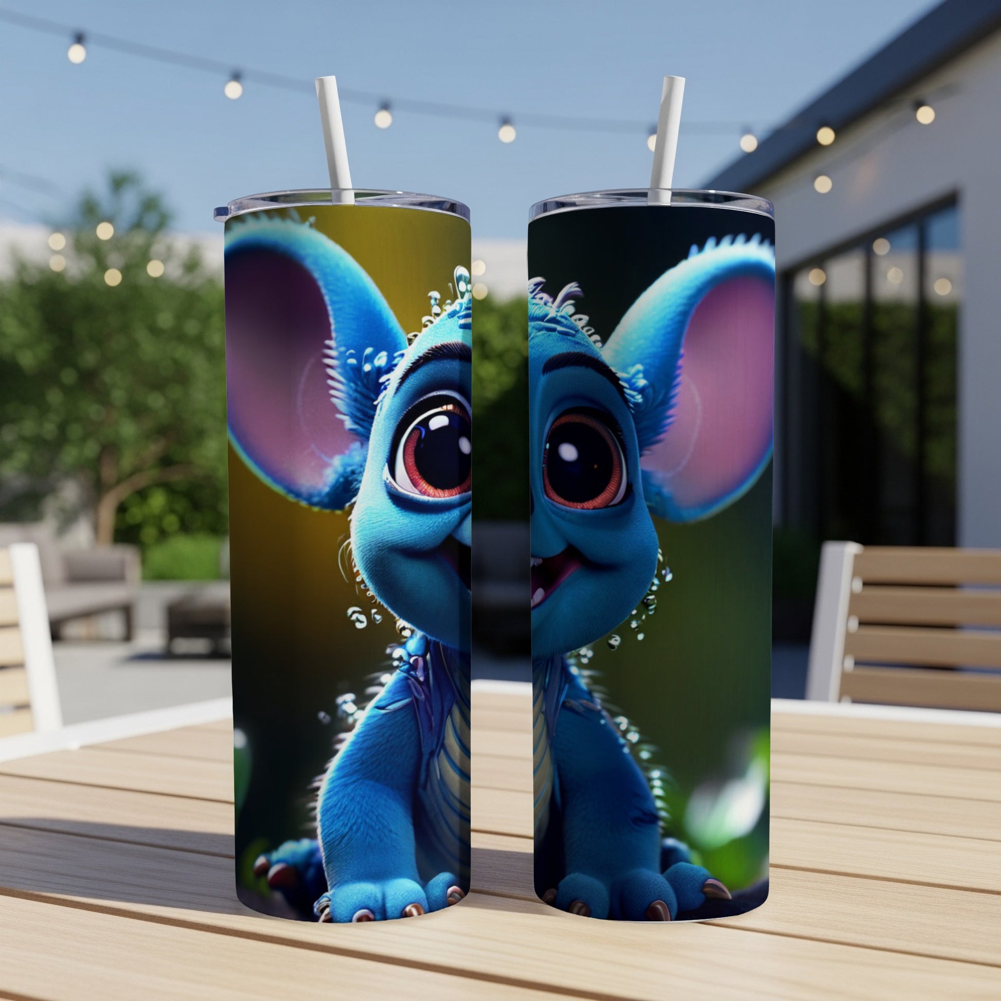 Blue cartoon creature with large eyes on a tumbler.