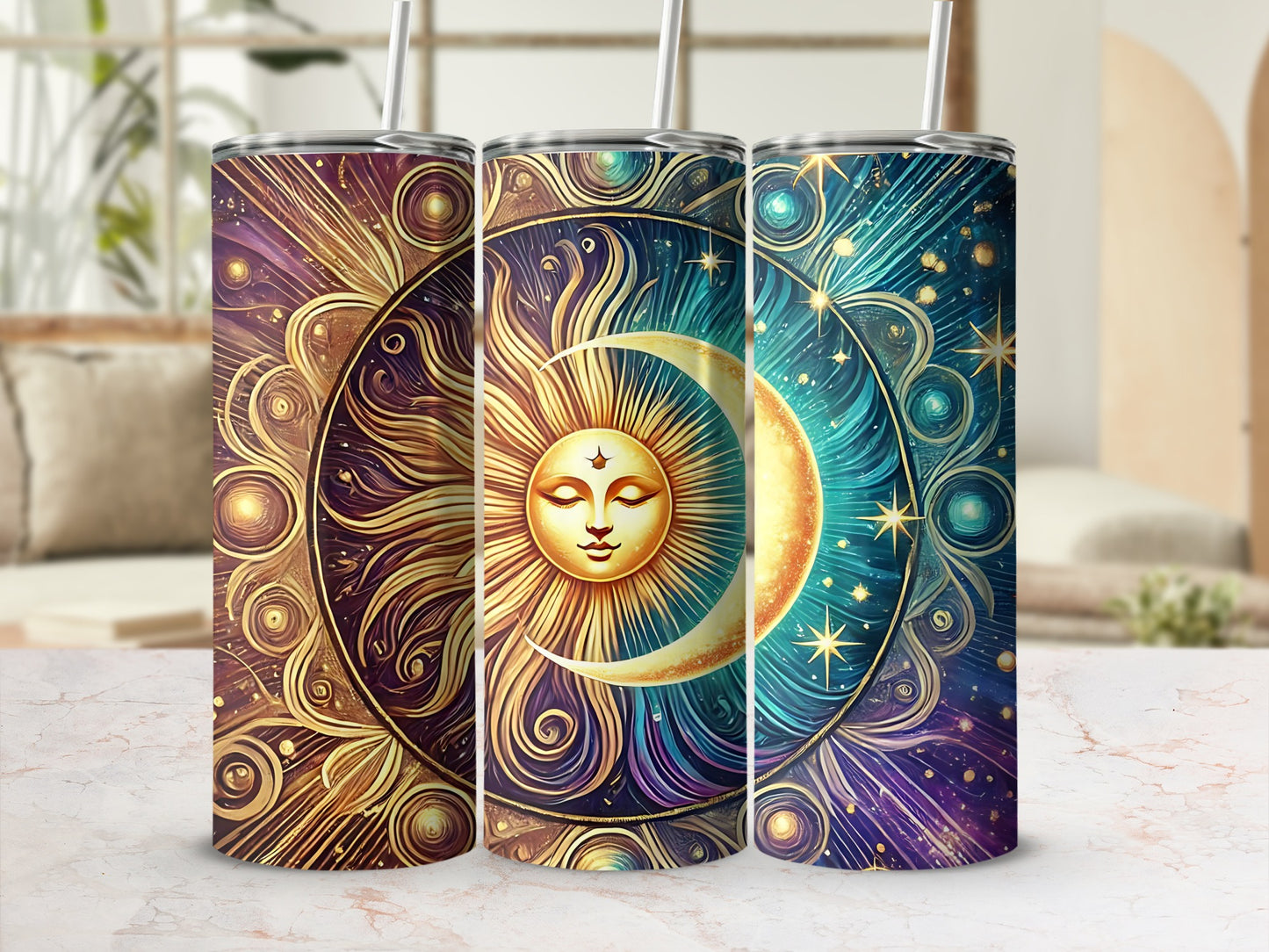 Enchanted Cosmic Sun Moon Mandala Golden Purple Teal Tumbler product type
