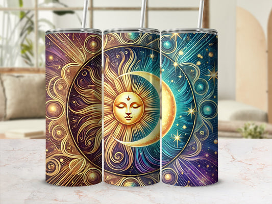 Enchanted Cosmic Sun Moon Mandala Golden Purple Teal Tumbler product type