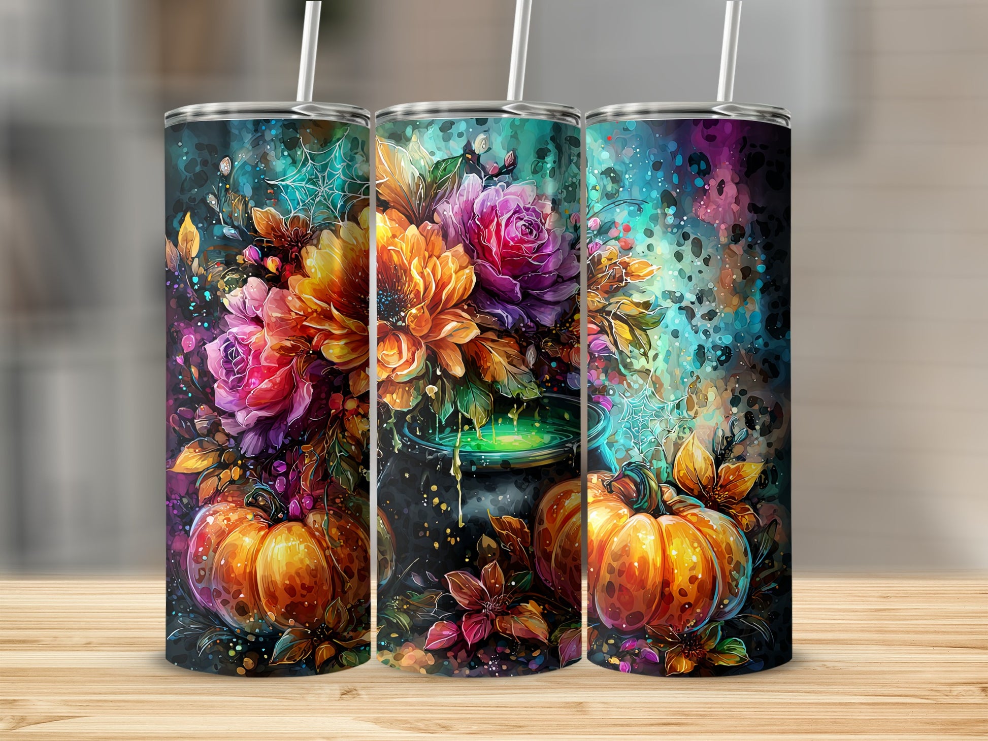 Fantasy Floral Pumpkin Beverage Tumbler Artwork