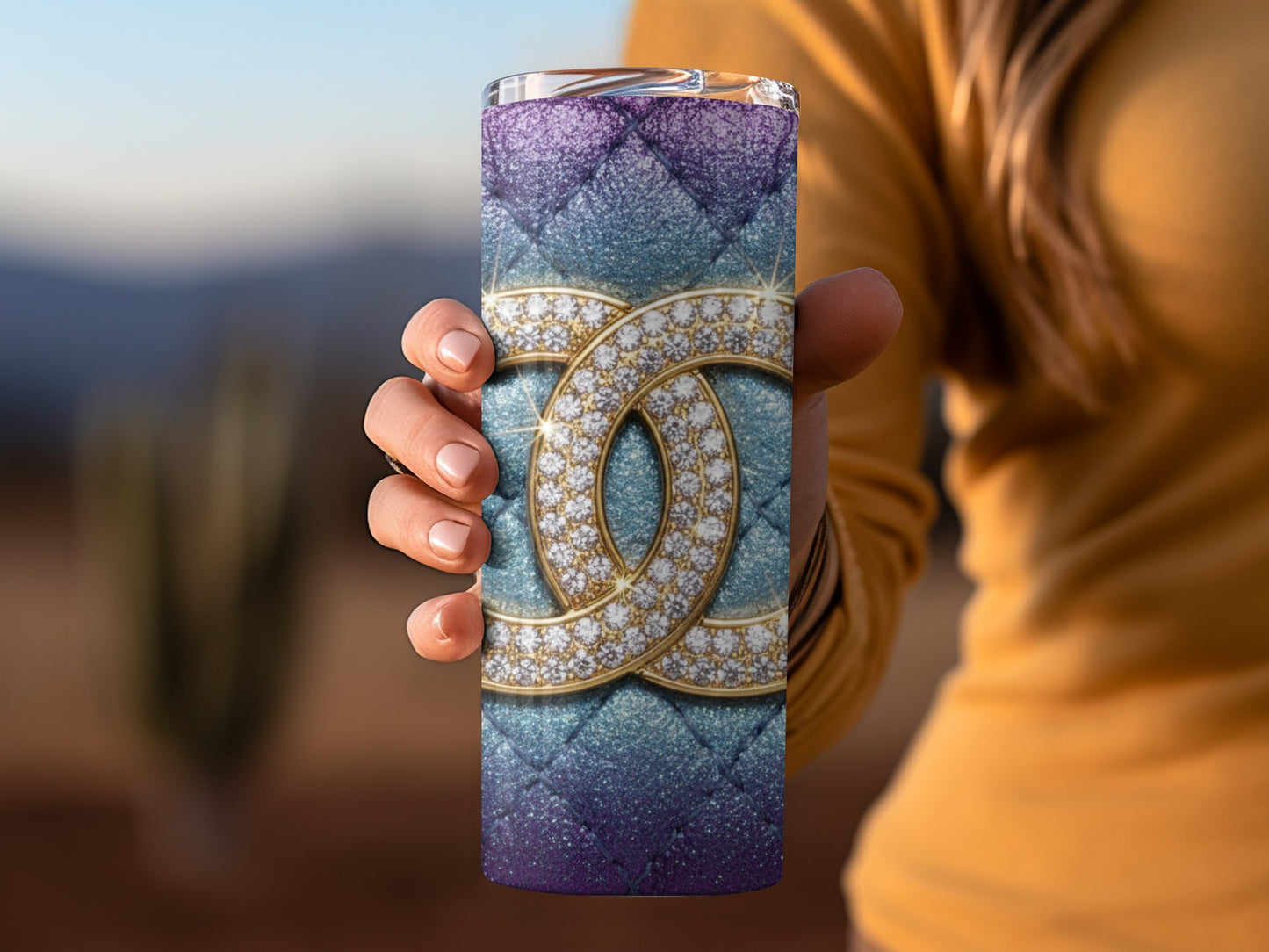 Blue and Purple Quilted Design with Diamonds Logo Tumbler