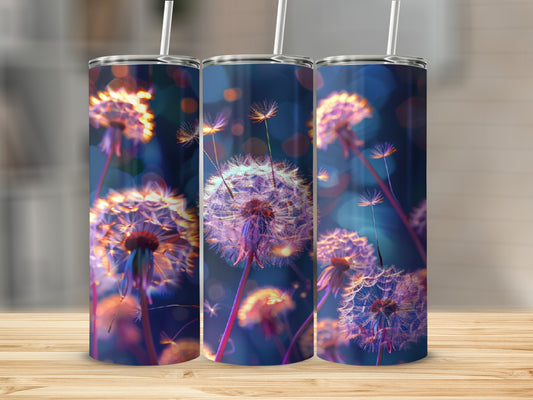 Three tumblers with a close-up dandelion seed head design.