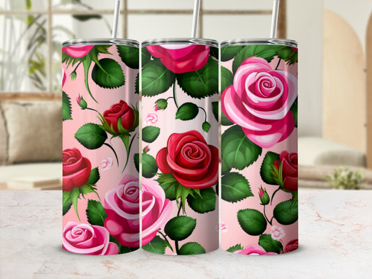 Pink background with a pattern of realistic red and pink roses.