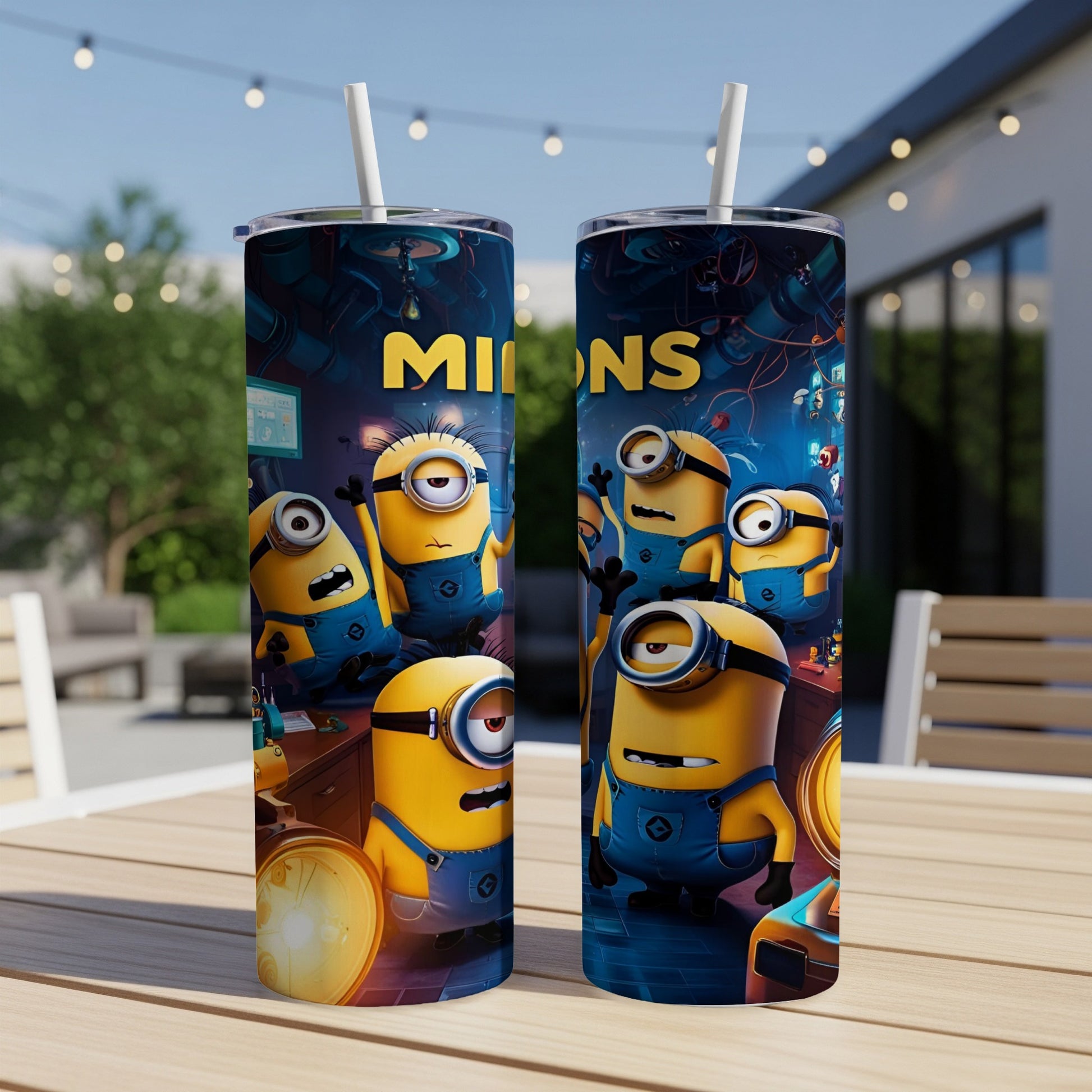 Minions in overalls gathered around a workbench.