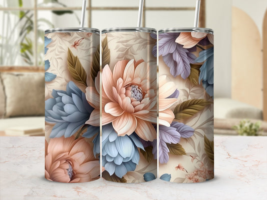 Three tumblers with a floral pattern of peach and blue flowers.