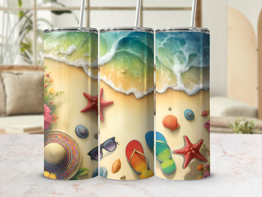 Three beach-themed tumblers with starfish, shells, and flip-flops on a sandy shore.