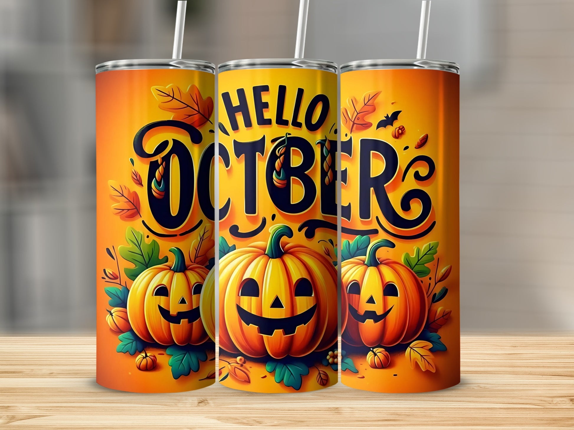 Three tumblers with a Halloween theme, featuring pumpkins and "Hello October" text.