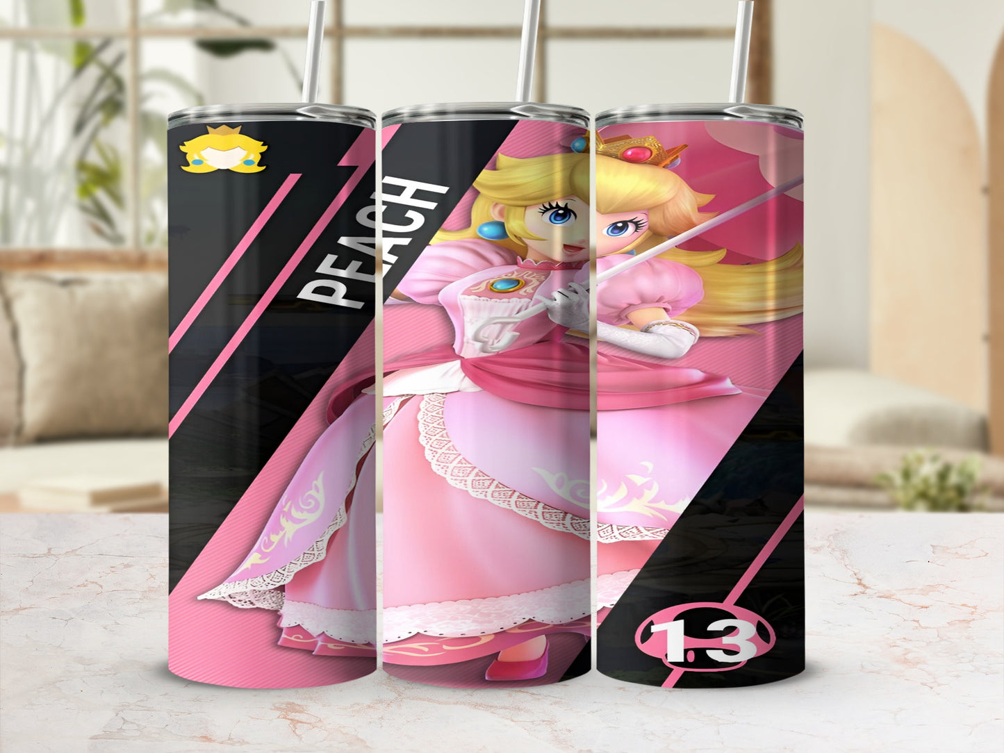 Princess Peach from Mario character on a tumbler with "PEACH" text.