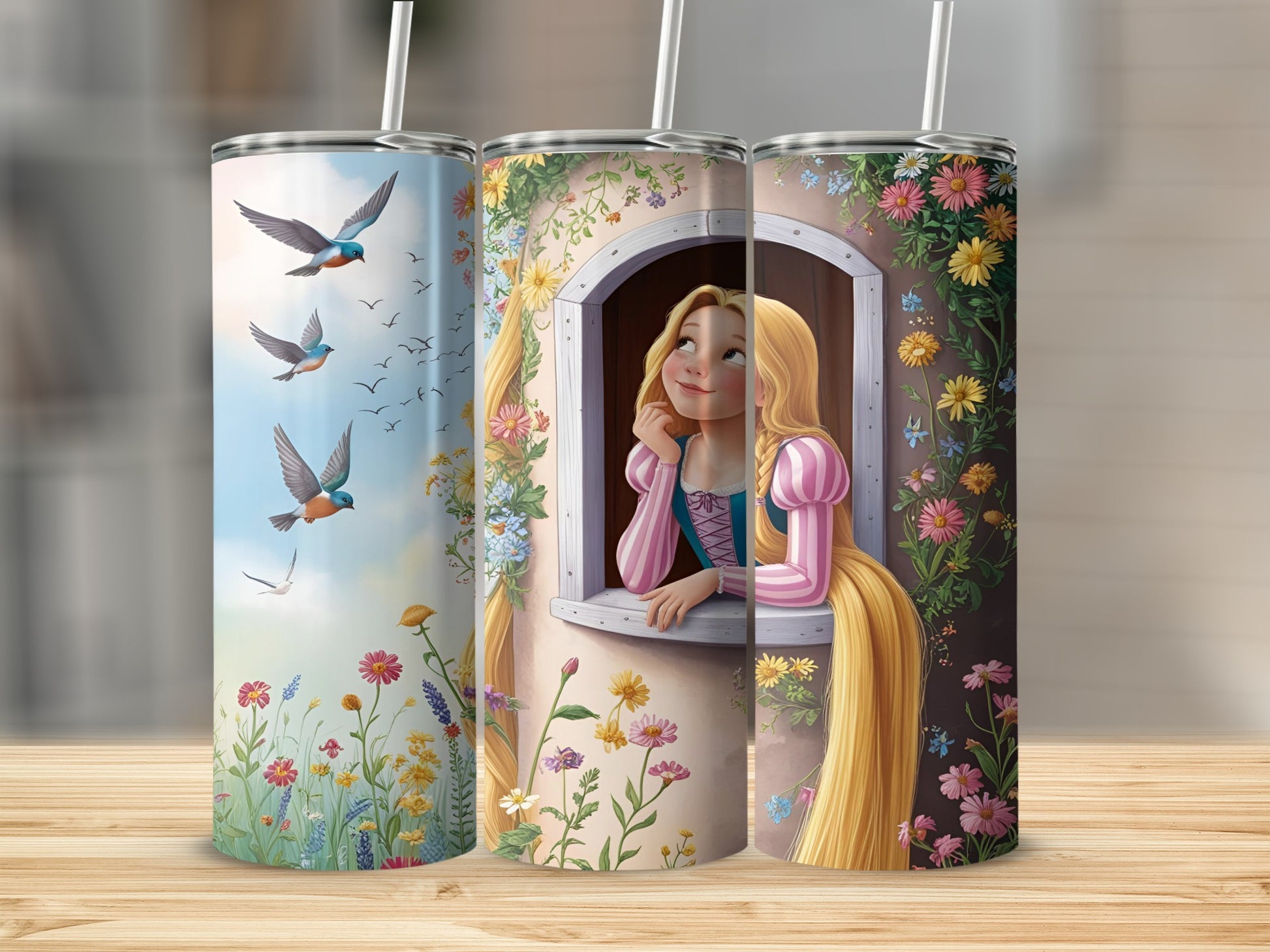 Tangled Rapunzel in tower window with birds and flowers on tumblers.