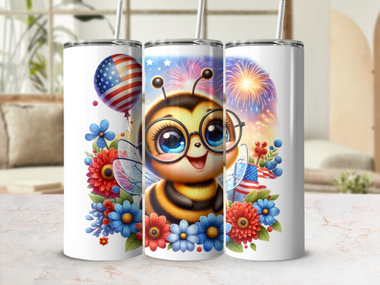 Cute bumblebee with American flag elements and fireworks on a tumbler.