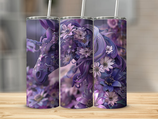 Purple unicorn adorned with flowers on a tumbler, shown from three angles.