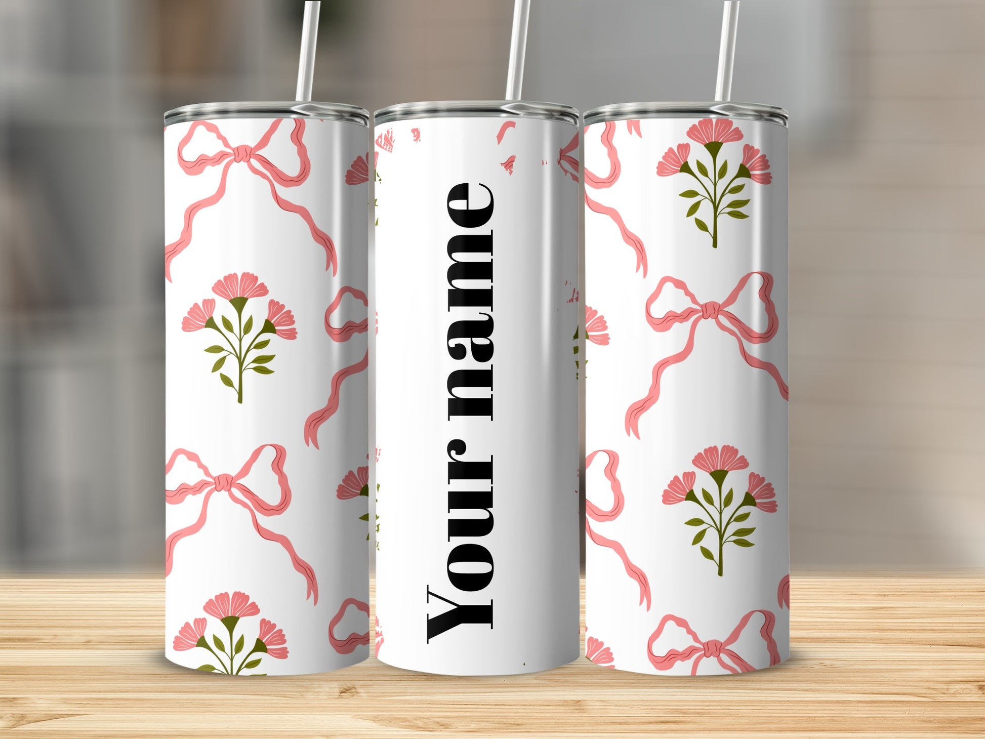Personalized Floral and Ribbon Design Tumbler Cup