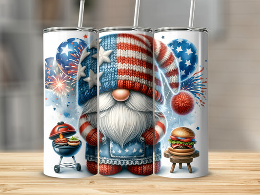 Gnome in patriotic hat with American flag and BBQ, fireworks, and hamburger.